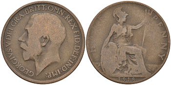 Великобритания 1/2 пенни 1918 Георг V (1910-1936) KM 809, Spink 4056 бронза 4561-522