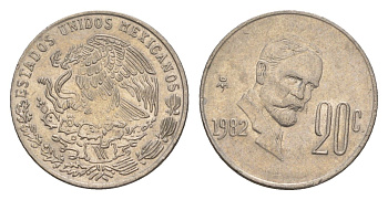 Мексика 20 сентаво 1982 Франциско Индалеси KM 442 медно-никель 4655-1052
