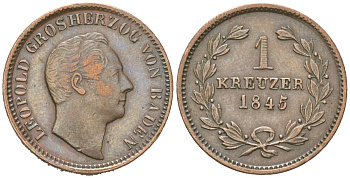 Баден 1 крейцер 1845 Леопольд I (1830-1852) KM 218.1, ASK 107 медь 4615-132