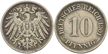 ГЕРМАНИЯ 10 ПФЕННИГОВ 1901 F KM 12, J. 13 медно-никель 4401-1226