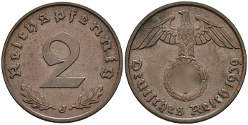 Германия 2 рейхспфеннига 1939 J KM 90, J. 362 бронза 4151-152