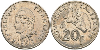 Французская Новая Каледония 20 франков 2012 три быка, (IEOM) KM 12a, Schoen 14a, Lec 115j медно-никель 84-1041