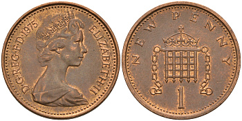 Великобритания 1 пенни 1975 Елизавета II (1952-2022) KM 915, Spink 4237 (B1) бронза    4602-549