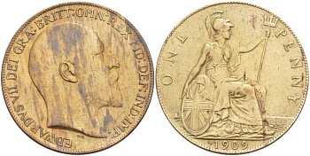 Великобритания 1 пенни 1909 Эдуард VII (1901-1910) KM 794.2, Spink 3990 бронза 180-112