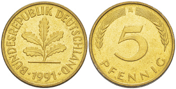 ФРГ 5 ПФЕННИГОВ 1991 A KM 107, J. 382 сталь плакированная латунью 4181-1036