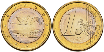 Финляндия 1 евро 2001 M, два лебедя в полете KM 104 биметалл UNC M57-10