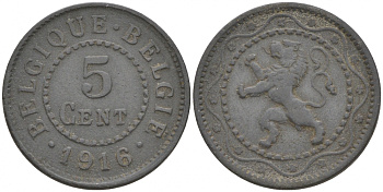 Бельгия 5 сантимов 1916 Belgique-Belgie, германская оккупация, I-ая мировая война KM 80 цинк 44-134
