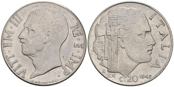 ИТАЛИЯ 20 ЧЕНТЕЗИМО 1942 R, ГОД XX, ВИКТОР ЭММАНУИЛ III (1900-1946), МАГНИТНАЯ, ГУРТ РИФЛЁНЫЙ KM 75b, VEM3. 1029 нержавеющая сталь 3853-443