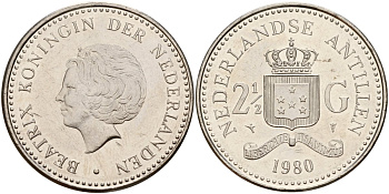 Нидерландские Антилы 2 1/2 гульдена 1980 Беатрикс (1980-2013) KM 19 никель UNC 4179-333