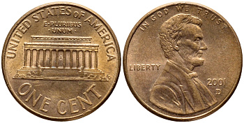 США 1 ЦЕНТ 2001 D, ЛИНКОЛЬН KM 201b цинк плакированный медью 4396-463