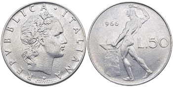 ИТАЛИЯ 50 ЛИР 1966 R, БОГ ОГНЯ ВУЛКАН У НАКОВАЛЬНИ KM 95.1 нержавеющая сталь 34-327