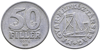 Венгрия 50 филлеров 1974 BP мост Елизаветы в Будапеште KM 574 алюминий 54-2256