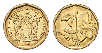 ЮАР 10 центов 1994 герб, цветок алоэ KM 135 сталь плакированная бронзой UNC 4694-665