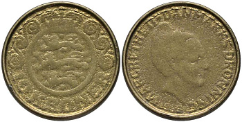 ДАНИЯ 10 КРОН 199Х LG; JP; A, МАРГРЕТЕ II (1972-) KM 877 алюминиевая бронза 113-851