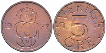 Швеция 5 эре 1977 U, Карл XVI Густав (1973- ) KM 849 бронза 3996-1024