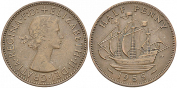Великобритания 1/2 пенни 1955 Елизавета II (1952-2022) KM 896, Spink 4158 бронза 212-1224
