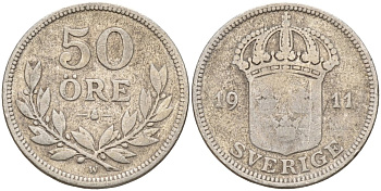 Швеция 50 эре 1911 G, Густав V (1907-1950) KM 788 серебро 4148-835