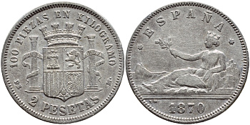 Испания 2 песеты 1870 (74) DE-M KM 654 серебро серебро 443-623
