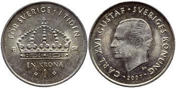 Швеция 1 крона 2007 Карл XVI Густав (1973- ) KM 894 медно-никель 176-412