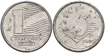 Бразилия 1 крузейро 1990 KM 617 нержавеющая сталь 201-814