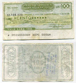 Италия чек на 100 лир 1976 Banca cattolica del veneto, ассоциация торговых участников и туризма провинции vicenza, 20 октября 1976 бумага 8588-14-4-1