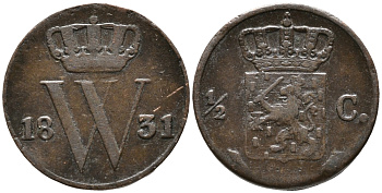 НИДЕРЛАНДЫ 1/2 ЦЕНТА 1831 ВИЛЬГЕЛЬМ I (1815-1840) KM 51 медь 100-559