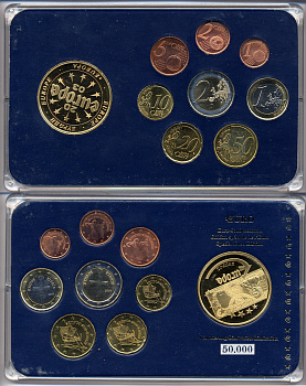 Кипр евронабор от 1 евроцента до 2 евро 2008 включает жетон банкноты Кипра, планшет  биметалл, медно-никель  UNC  3-6-5-01