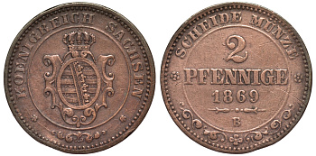 Саксония 2 пфеннига 1869 В, Иоганн (1854-1873) KM 1217, Jaeger 121, AKS 155 медь 75-868