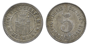 Меттман 5 пфеннигов 1918 Wagner and Englert G.M.B.H. Men05 16676.1, Men18 20934.1 цинк 4639-161