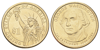 США 1 доллар 2007 Президент США - Джордж Вашингтон (1789-1797) KM 401 медь с марганцево-латунным покрытием UNC 4666-941