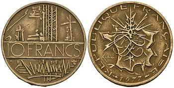 Франция 10 франков 1977 тип Матье KM 940, Le Franc 365.9-10 никель латунь 4120-626