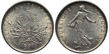 Франция 5 франков 1971 сеятель KM 926a.1, Le Franc 341.3 медно-никель плакированный никелем 3855-716