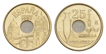 Испания 25 песет 1997 Мелилья (Melilla), Хуан Карлос I (1975-2014) KM 983 алюминиевая бронза UNC 4611-559