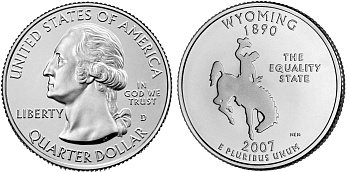 США 25 центов (квотер) 2007 D, серия штаты США, Вайоминг KM 399 медь плакированная медно-никелем  UNC  M8-06