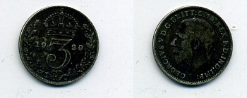 Великобритания 3 пенса 1920 Георг V (1910-1936), пограничный год KM 813 или 813a, Spink 4015 или 4026 серебро 46-1132