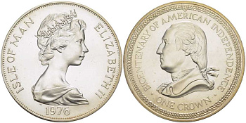Остров Мэн 1 крона 1976 200 лет независимости США, Джордж Вашингтон KM 37a серебро UNC 11-208-35