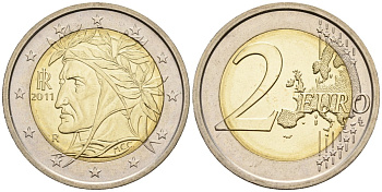 Италия 2 евро 2011 Данте Алигьери KM 217 биметалл UNC 4148-717