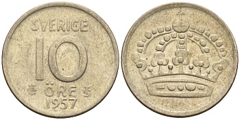 Швеция 10 эре 1957 Густав VI Адольф (1950-1973) KM 823 серебро 4147-917