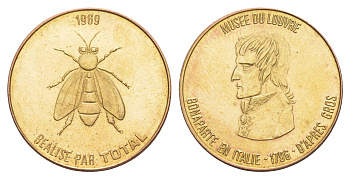 Франция жетон к 200-летию со дня рождения Наполеона-Бонапарта "Лувр - Наполеон в Италии" 1969 компания Total, диаметр 25,8 мм, вес 5 гр железо плакированная латунью UNC 4637-534