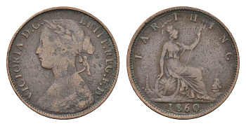 Великобритания 1 фартинг 1860 Виктория (1837-1901), зубчатая кайма KM 747.2, Spink 3958 бронза 4664-234