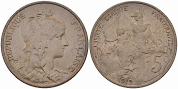 ФРАНЦИЯ 5 САНТИМОВ 1912 ТИП ДАНИЭЛЬ ДЮПЮИ KM 842, LE FRANC 119.24 бронза 108-936