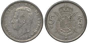 Испания 5 песет 1975 (76) Хуан Карлос I (1975-2001) KM 807 медно-никель 4128-1016