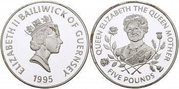 Гернси 5 фунтов 1995 Королева Елизавета, королева мать KM 66a серебро PROOF 1077-9-53