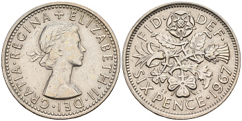 Великобритания 6 пенсов 1967 Елизавета II (1952-2022) KM 903, Spink 4149 медно-никель    4152-1214