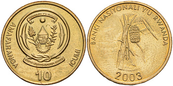 Руанда 10 франков 2003 KM 24 сталь плакированная латунью UNC 3856-625