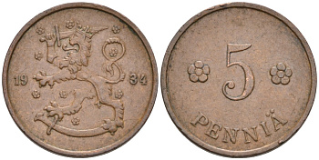 ФИНЛЯНДИЯ 5 ПЕННИ 1934 KM 22 медь 192-1249