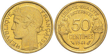 ФРАНЦИЯ 50 САНТИМОВ 1941 ТИП MORLON KM 894.1, LE FRANC 192.18 алюминиевая бронза 44-449