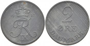 Дания 2 эре 1957 C; S, Фредерик IX (1947-1972) KM 840.2 цинк 87-1427