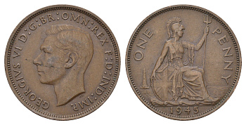 Великобритания 1 пенни 1945 Георг VI (1936-1952) KM 845, Spink 4114 бронза 81-1234