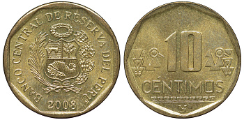 Перу 10 сентимо 2008 KM 305.4 латунь aUNC 4605-546